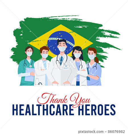 Illustration of frontline workers wearing face masks with flag of Brazil as a background. Vector 86076982