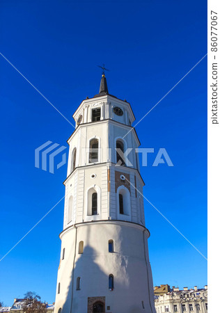 Vilnius, Lithuania. Close Up View Of Bell Tower Of Cathedral Basilica Of St. Stanislaus And St. Vladislav On Cathedral Square, Famous Landmark 86077067
