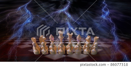 Chess pieces of white suit in a row  on an endless board with lightning bolts over the chessboard. Game strategy, concept. 86077318