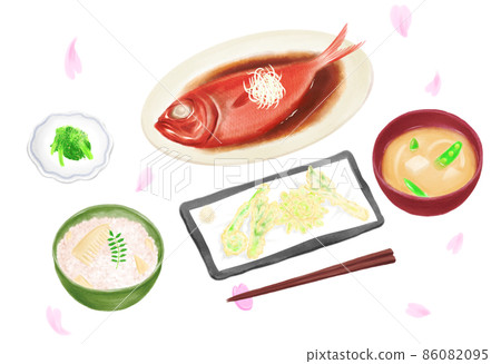 手繪水彩風格春季菜單(燉阿方西諾、竹筍飯、野菜天婦羅、春季蔬菜味噌湯、芝麻醬油菜花)套餐 手繪水彩風格春季菜單(燉阿方西諾、竹筍飯、野菜天婦羅、春季蔬菜味噌湯、芝麻醬油菜花)套餐 86082095