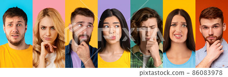 Pensive multiethnic men and women posing on colorful backgrounds 86083978