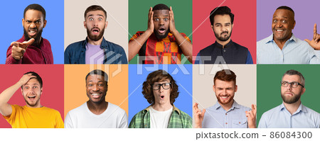 Collage of multicultural men expressing different emotions, panorama 86084300