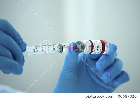 Close up  vaccine bottle is on the table in preparation to be administered 86087026
