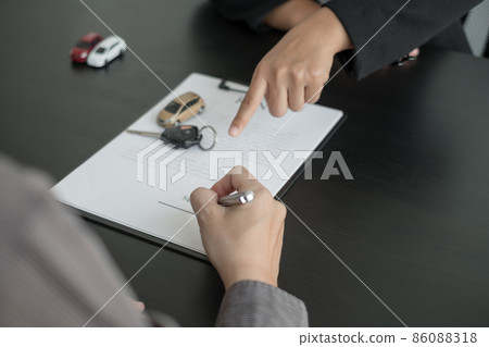 The car dealer provides advice on loans, insurance details, and car rental information, and delivers the car with the keys after the rental contract is signed 86088318