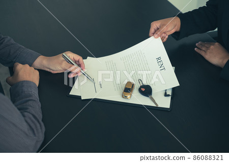 The car dealer provides advice on loans, insurance details, and car rental information, and delivers the car with the keys after the rental contract is signed 86088321