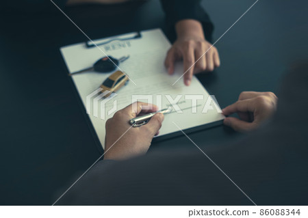 The car dealer provides advice on loans, insurance details, and car rental information, and delivers the car with the keys after the rental contract is signed 86088344