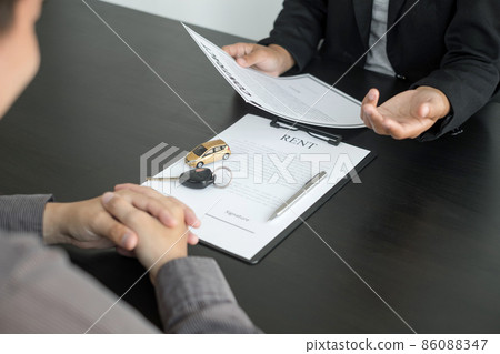 The car dealer provides advice on loans, insurance details, and car rental information, and delivers the car with the keys after the rental contract is signed The car dealer provides advice on loans, insurance details, and car rental information, and delivers the car with the keys after the rental contract is signed 86088347