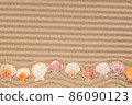 Curved line of seashells lying on lines of sand. With space for design, text place 86090123