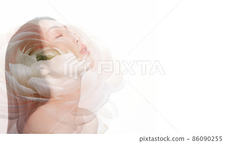 Double exposure made with a young Asian woman with healthy skin and a spring ranunculus flower. On an isolated white background with space to copy. High quality photo Double exposure made with a young Asian woman with healthy skin and a spring ranunculus flower. On an isolated white background with space to copy. High quality photo 86090255