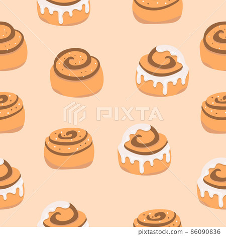 Cinnamon bun seamless pattern. Sweet roll with sugar glaze and chocolate on beige background. Vector illustration  86090836