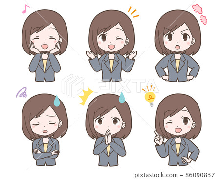 Facial expression set of a young woman in a business suit Facial expression set of a young woman in a business suit 86090837