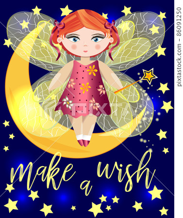 A fairy with wings and a magic wand on a crescent moon among the night sky. Inscription Make a wish. A fairy with wings and a magic wand on a crescent moon among the night sky. Inscription Make a wish. 86091250