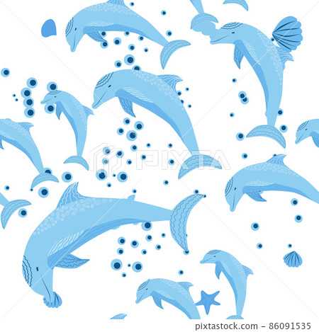Dolphin, sea inhabitants seamless pattern, beautiful character among seashells, algae, starfish, marine wildlife. Dolphin, sea inhabitants seamless pattern, beautiful character among seashells, algae, starfish, marine wildlife. 86091535