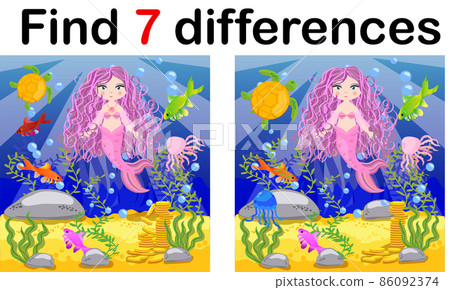 Game for children: find differences, little mermaid and sea world. Game for children: find differences, little mermaid and sea world. 86092374