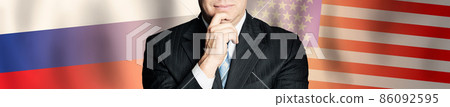 Russia and USA relationship. Politics, goverment or businessman on Russian and American flags  86092595