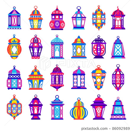 Arabic fanous. Cartoon traditional Ramadan lamps. Old Islamic decorative illumination. Mosque antique lighting. Religious Arabic lanterns. Vector isolated eastern festive lights set 86092989