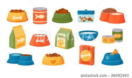 Cat and dog food. Cartoon pet feed containers or packs. Home animals wet and dry meal. Round feeders. Canine or feline conserve cans. Feeding plates. Vector snack packaging and bowls set 86092993
