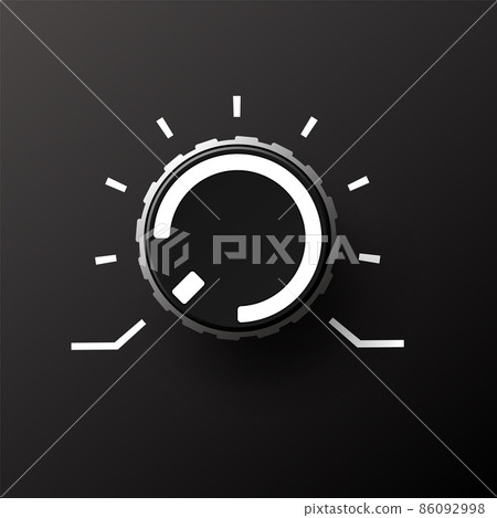 Volume dial knob. Music control round button with marks and numbers. Audio and sound balance tuning switch. Dashboard rotating power regulator. Loud amplifier tumbler. Vector illustration 86092998