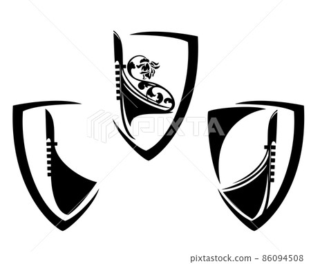 simple heraldic shield with venetian gondola boat black vector silhouette design set 86094508