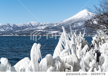 飛濺冰 豬苗代湖和萬代山的冬季風光 86094778