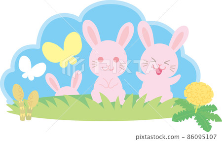 Image of spring_rabbit, dandelion, horsetail and butterfly_with background color 86095107