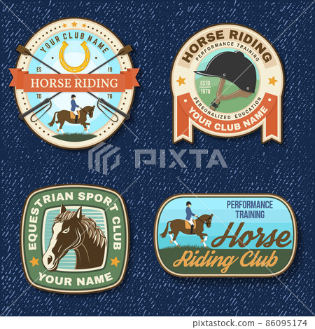 Set of Horse racing sport club badge, patch, emblem, logo. Vector illustration. Vintage equestrian label, sticker with rider and horse silhouettes. Horseback riding sport 86095174