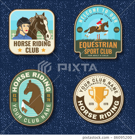 Set of Horse racing sport club badge, patch, emblem, logo. Vector illustration. Vintage equestrian label, sticker with rider and horse silhouettes. Horseback riding sport Set of Horse racing sport club badge, patch, emblem, logo. Vector illustration. Vintage equestrian label, sticker with rider and horse silhouettes. Horseback riding sport 86095200