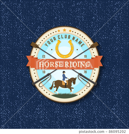 Horse racing sport club badge, patch, emblem, logo. Vector illustration. Vintage monochrome equestrian label, sticker with helmet, horseshoe and riding crop silhouettes. Horse racing sport club badge, patch, emblem, logo. Vector illustration. Vintage monochrome equestrian label, sticker with helmet, horseshoe and riding crop silhouettes. 86095202