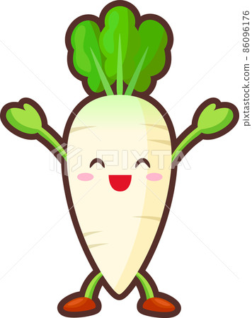 Illustration of a cute radish that rejoices with both hands raised Illustration of a cute radish that rejoices with both hands raised 86096176