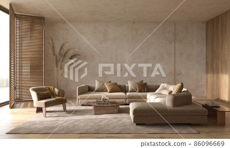 Modern interior japandi style design livingroom. Lighting and sunny scandinavian apartment with plaster and wood. 3d render illustration. 86096669