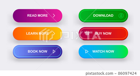 Modern material style buttons set isolated on grey background. Read more, buy now, download, book now, watch now buttons collection with gradient colors and icons with shadows. 86097424