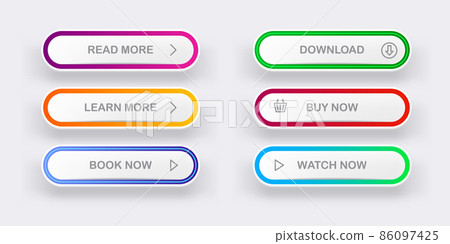 Modern material style buttons set isolated on grey background. Read more, buy now, download, book now, watch now buttons collection with gradient colors and icons with shadows. Modern material style buttons set isolated on grey background. Read more, buy now, download, book now, watch now buttons collection with gradient colors and icons with shadows. 86097425