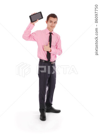 Boy in a black suit hold a tablet PC 86097750
