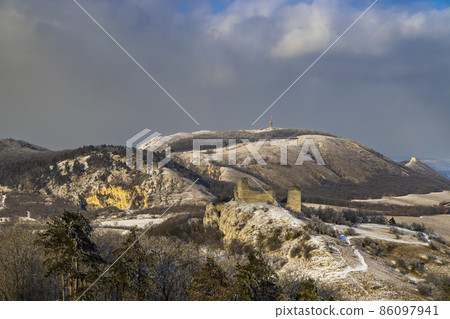 Palava winter landscape with Sirotci hradek ruins, Southern Moravia, Czech Republic Palava winter landscape with Sirotci hradek ruins, Southern Moravia, Czech Republic 86097941