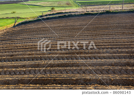 Furrows row pattern in a plowed field prepared for planting crops in spring 86098143