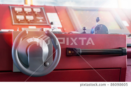 Ship control board. Wheelhouse helm, vessel bridge. Ship control board. Wheelhouse helm, vessel bridge. 86098605