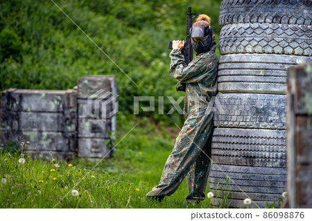 Playing pantball on an outdoor playground in summer 86098876