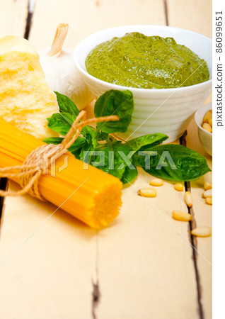 Italian traditional basil pesto pasta ingredients Italian traditional basil pesto pasta ingredients 86099651