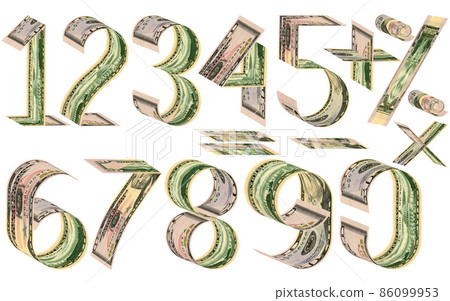 Numbers, percent and mathematical signs from dollars Numbers, percent and mathematical signs from dollars 86099953