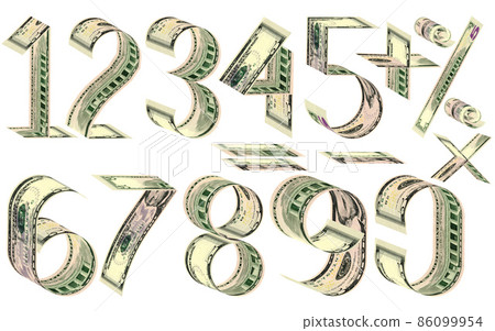 Numbers, percent and mathematical signs from dollars Numbers, percent and mathematical signs from dollars 86099954