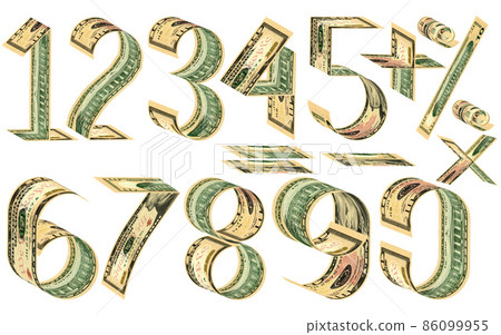 Numbers, percent and mathematical signs from dollars Numbers, percent and mathematical signs from dollars 86099955