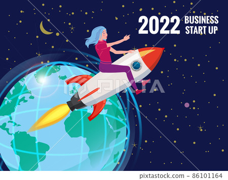 Businesswoman on a rocket fly through sky, 2022 year. Start up, goal achievement metaphors. Space stars background. Vector illustration Businesswoman on a rocket fly through sky, 2022 year. Start up, goal achievement metaphors. Space stars background. Vector illustration 86101164