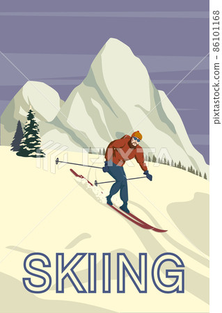 Mountain skier vintage winter resort village Alps, Switzerland. Snow landscape peaks, slopes, with wooden old fashioned skis and poles. Travel retro poster Mountain skier vintage winter resort village Alps, Switzerland. Snow landscape peaks, slopes, with wooden old fashioned skis and poles. Travel retro poster 86101168