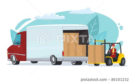 A forklift is loading boxes into a truck. An electric loader loads cartons into a delivery vehicle. Logistic transportation of goods. Cartoon flat vector illustration isolated on white. 86101232
