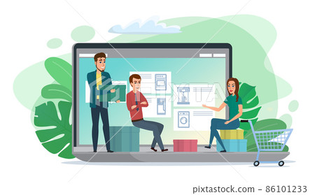 Team of people designing a website, filling it with products, concept for website and mobile site development, SEO, mobile apps, business solutions, vector illustration. Team of people designing a website, filling it with products, concept for website and mobile site development, SEO, mobile apps, business solutions, vector illustration. 86101233