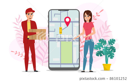 Safe delivery online service concept. A young courier delivers a package to a woman. Delivery to your doorstep. Cartoon flat vector illustration isolated on white. Safe delivery online service concept. A young courier delivers a package to a woman. Delivery to your doorstep. Cartoon flat vector illustration isolated on white. 86101252