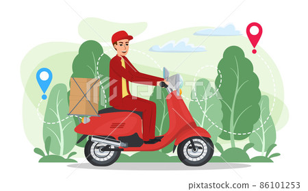 Delivery man on a red scooter. Concept of fast express transportation service. Online order delivery from point to point. Cartoon flat vector illustration isolated on white 86101253