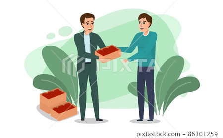 Cartoon character farmer holding a crate of red apples. A standing and smiling male character passes apples to a man. Flat vector illustration. Cartoon character farmer holding a crate of red apples. A standing and smiling male character passes apples to a man. Flat vector illustration. 86101259