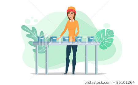 A female character works in a packaged goods factory. A woman sorts boxes running along the conveyor. Concept. Flat vector illustration. 86101264