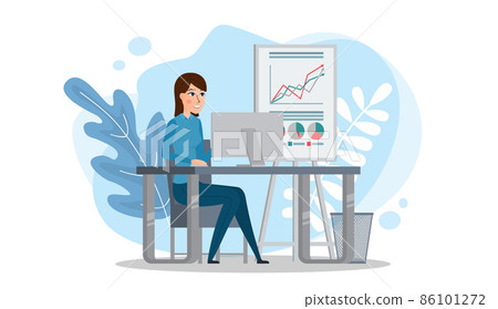 Office worker. A business woman sits at a table and works on a computer. Flat vector concept illustration isolated on white. Office worker. A business woman sits at a table and works on a computer. Flat vector concept illustration isolated on white. 86101272